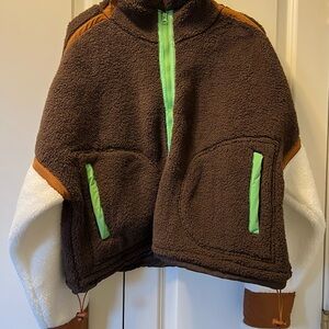 Women's Brown Fleece Half Zip Jacket with White Sleeves and Lime Trim NWT!